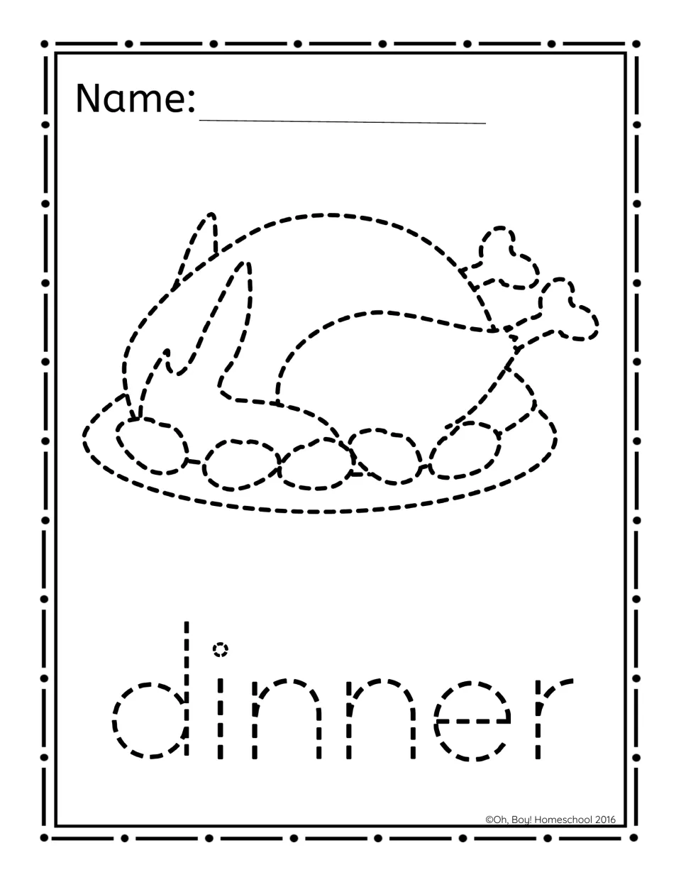 Dinner picture-poking activity pairs a roast turkey on a platter with the word “dinner” to poke through