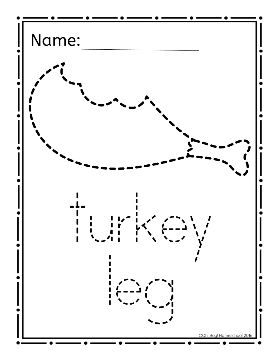 Turkey leg picture-poking activity pairs a partially eaten drumstick with the words “turkey leg” to poke