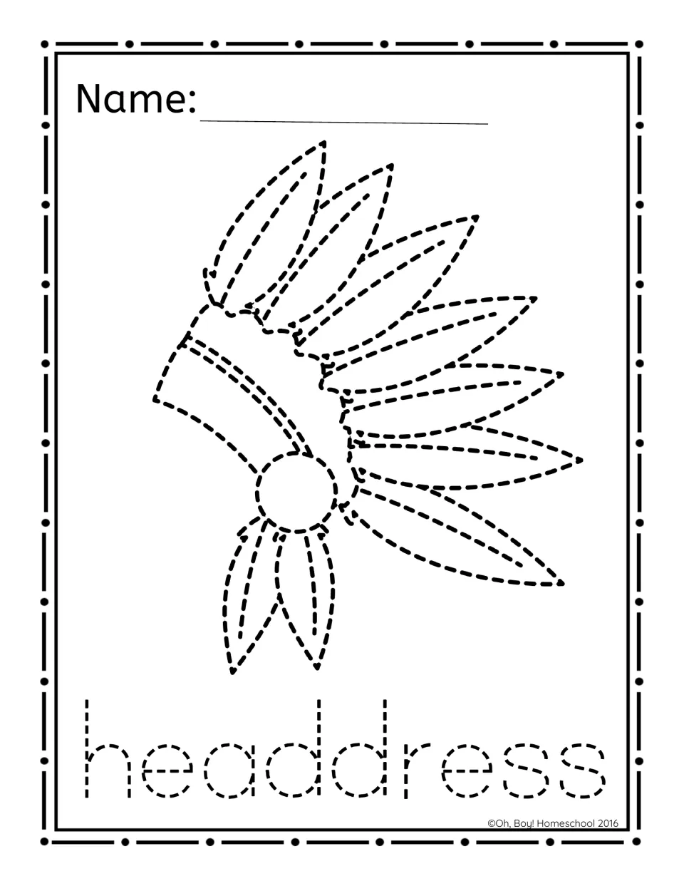 Headdress picture-poking activity pairs a feathered headdress with the word “headdress” to poke through