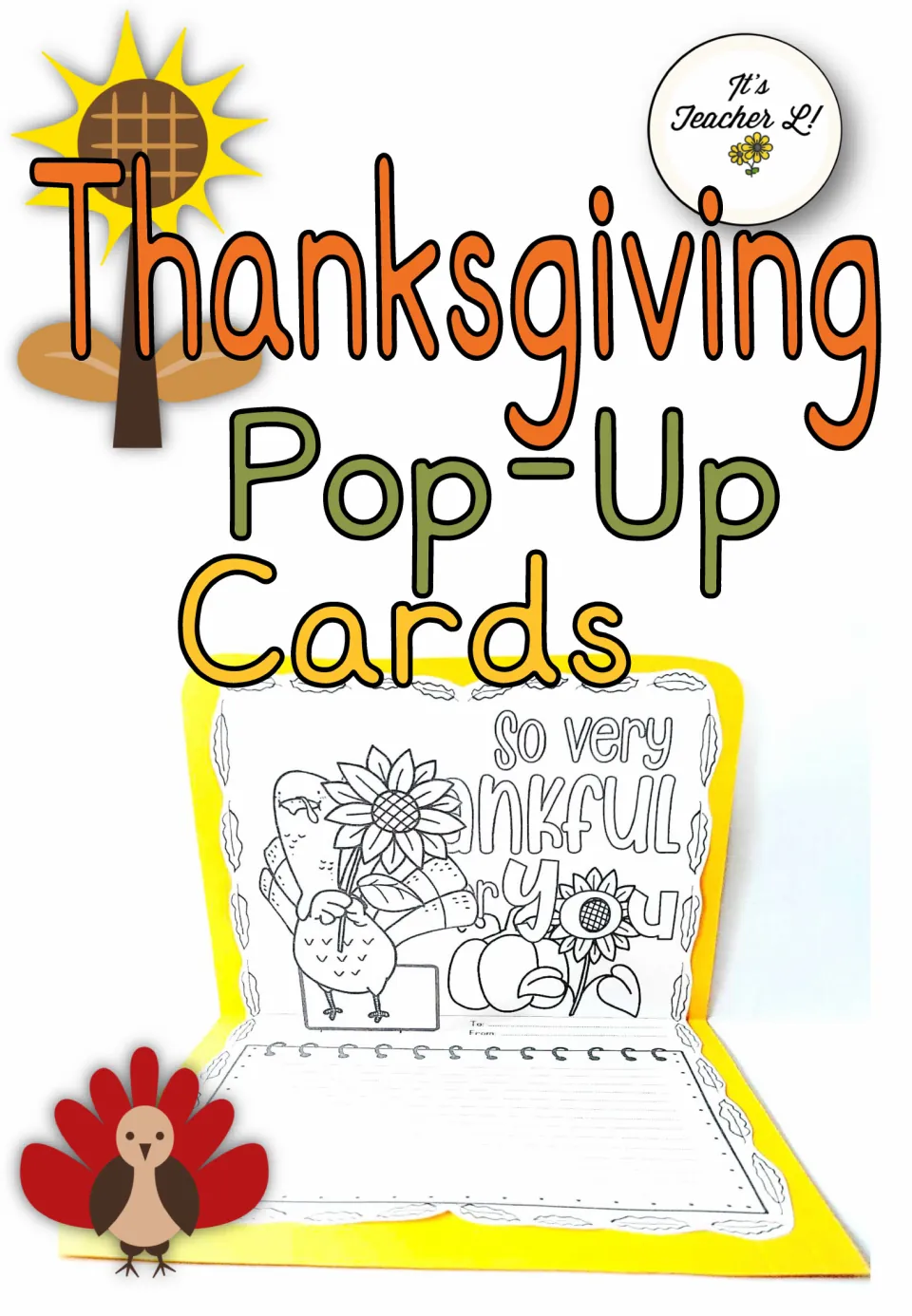 Thanksgiving Pop-Up Cards cover showing an assembled card with a turkey pop-up and a handwritten-message area