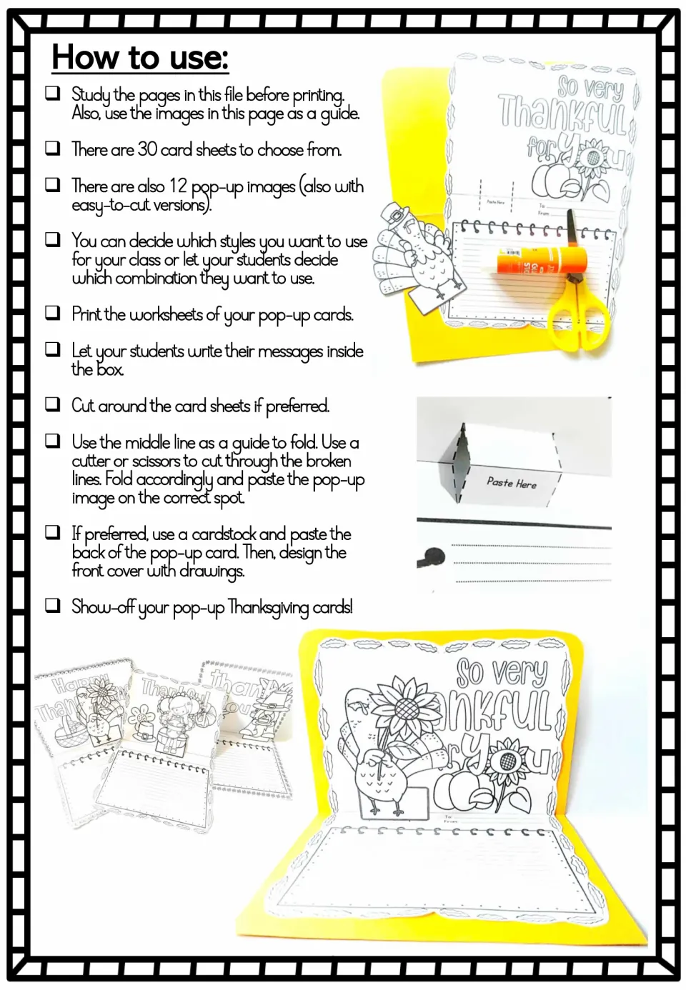 Card assembly instructions: choose a design, write a message, cut, fold, and attach a Thanksgiving pop-up