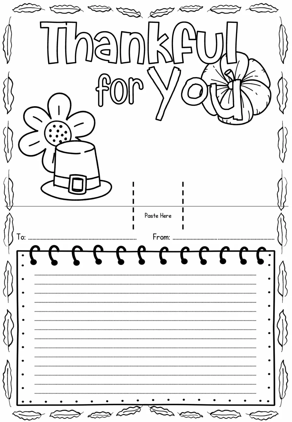 Pop-up card template reading 'Thankful for You,' with a pumpkin, flower, hat, and space for a personal message