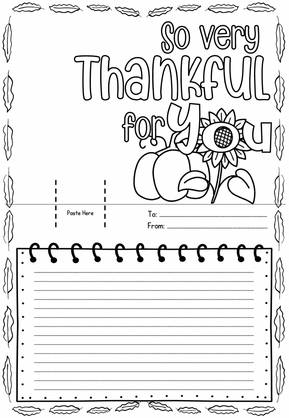 Pop-up card template reading 'So very Thankful for You,' with a pumpkin, sunflower, and space for a message