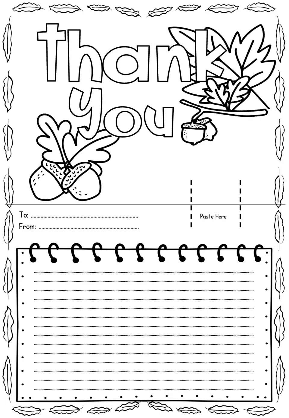 Pop-up card template reading 'thank you,' with acorns and autumn leaves to color and space for a message