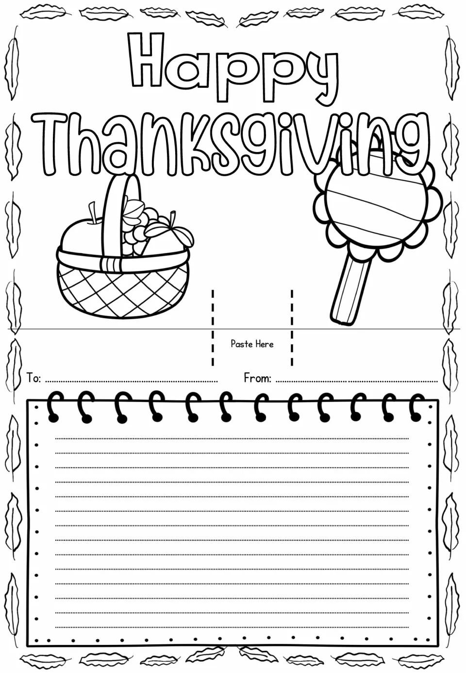 Pop-up card template reading 'Happy Thanksgiving,' with a fruit basket, sunflower, and space for a message