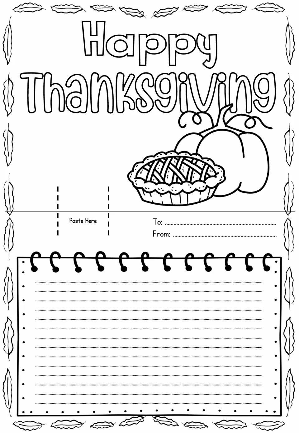 Pop-up card template reading 'Happy Thanksgiving,' with a pumpkin and pie to color and space for a message