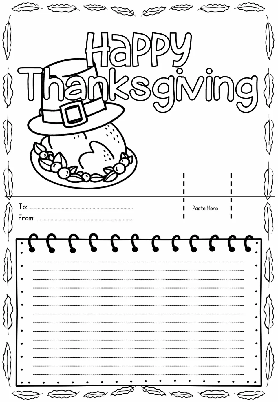 Pop-up card template reading 'Happy Thanksgiving,' with a roast turkey wearing a hat and room for a message