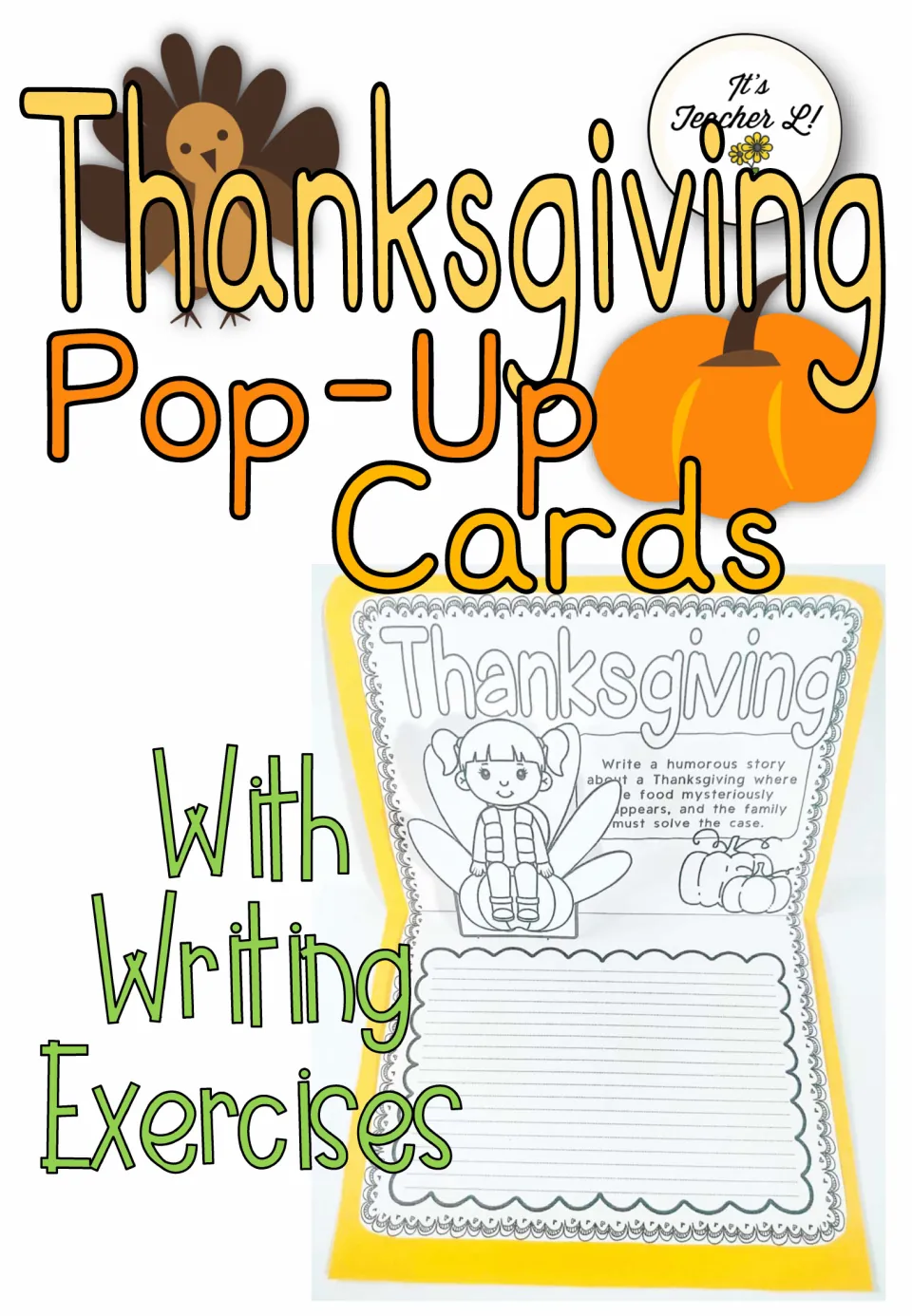 Cover of Thanksgiving Pop-Up Cards with Writing Exercises, showing an assembled card with a pop-up figure