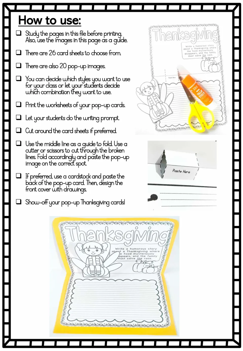Instructions for choosing, printing, writing, cutting, folding, and assembling Thanksgiving pop-up cards