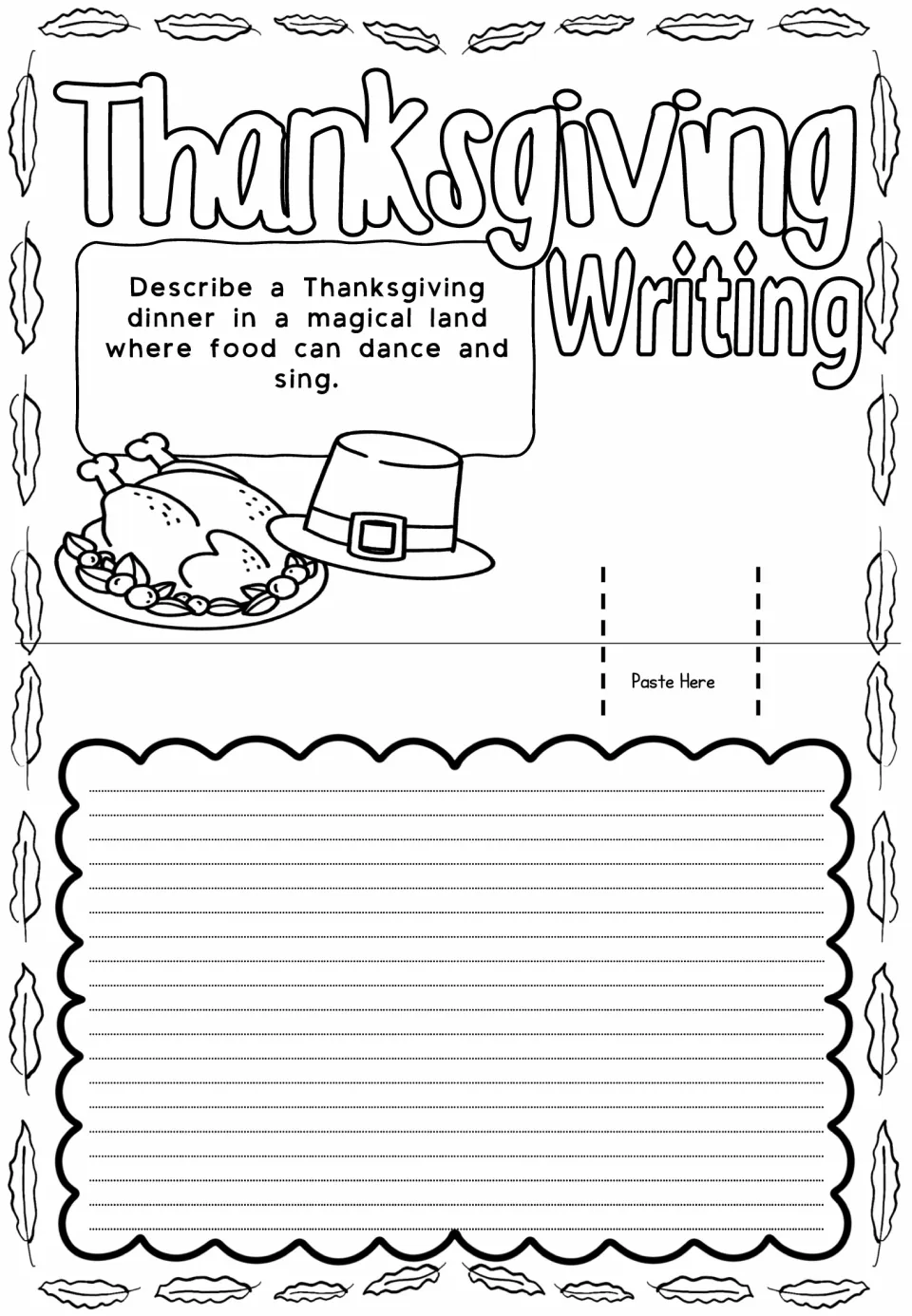 Thanksgiving pop-up card prompt asks students to describe a magical dinner where food can dance and sing