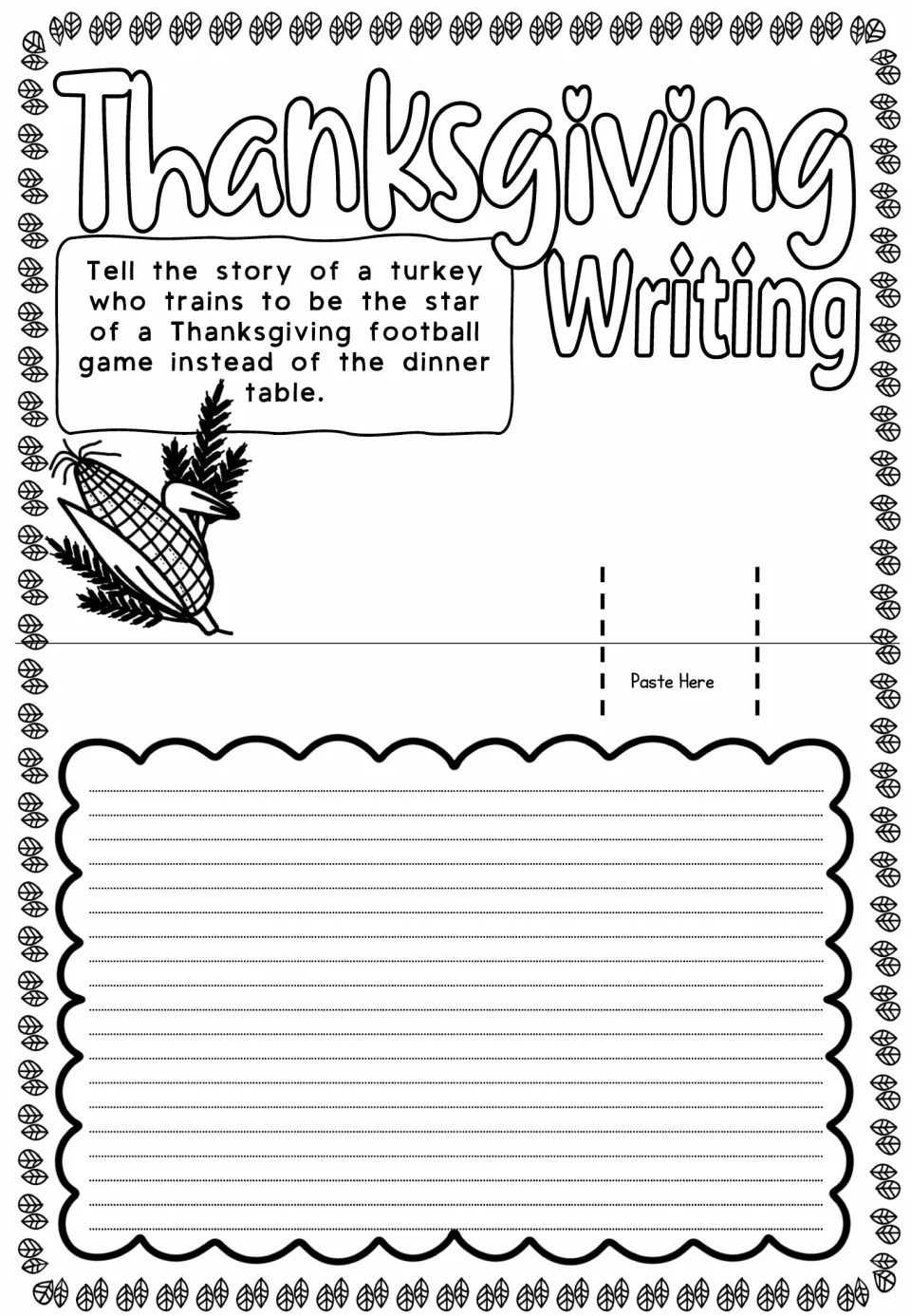 Thanksgiving pop-up card prompt asks for a story about a turkey training to star in a Thanksgiving football game