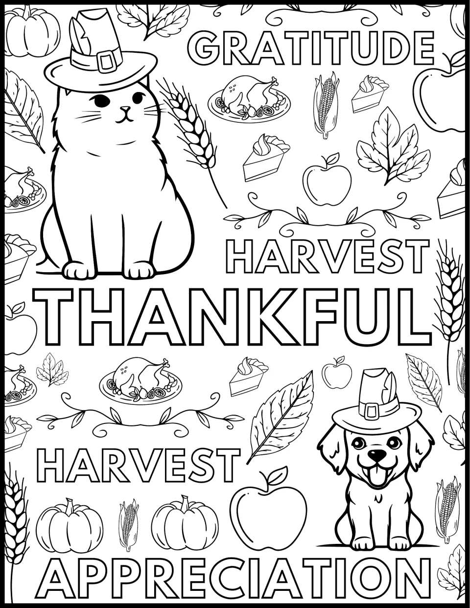 Thanksgiving gratitude coloring page: students color the words Thankful, Harvest, Gratitude and a cat and dog in hats