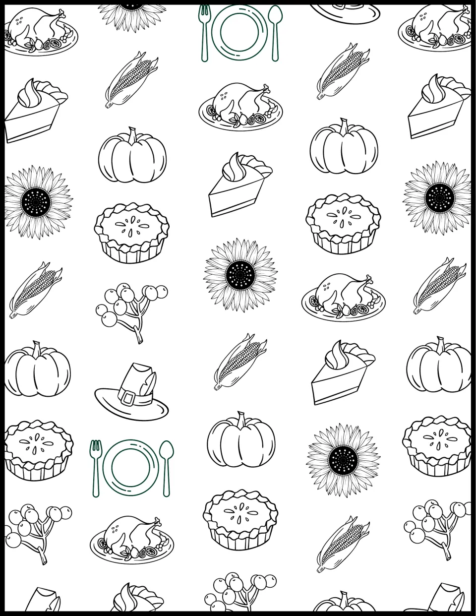 Thanksgiving feast pattern to color: rows of roast turkeys, pumpkins, pies, corn, sunflowers, berries and pilgrim hats