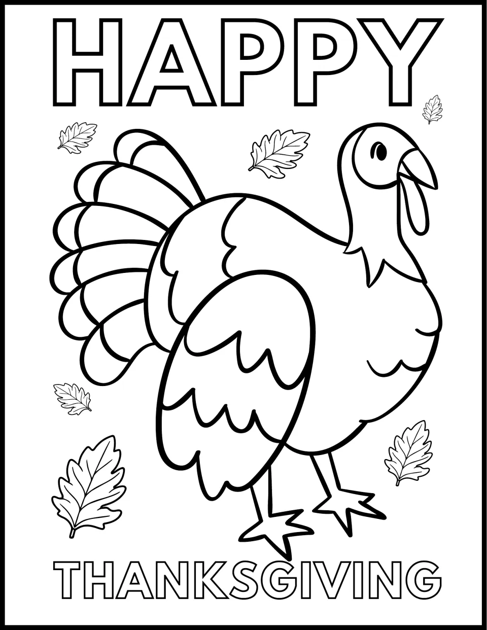 Happy Thanksgiving coloring page: students color a large standing turkey with fanned tail feathers and fall leaves