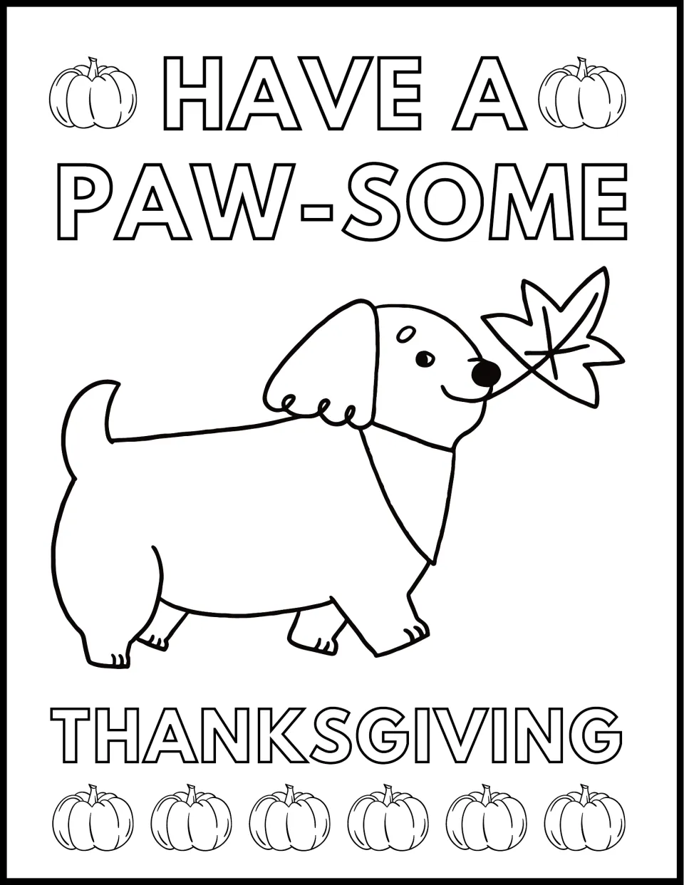 Have a Paw-some Thanksgiving coloring page: students color a puppy in a bandana carrying a leaf, framed by pumpkins