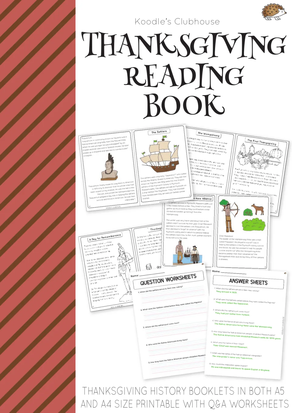 Thanksgiving Reading Book cover from Koodle's Clubhouse: A5 and A4 history booklets with question and answer worksheets