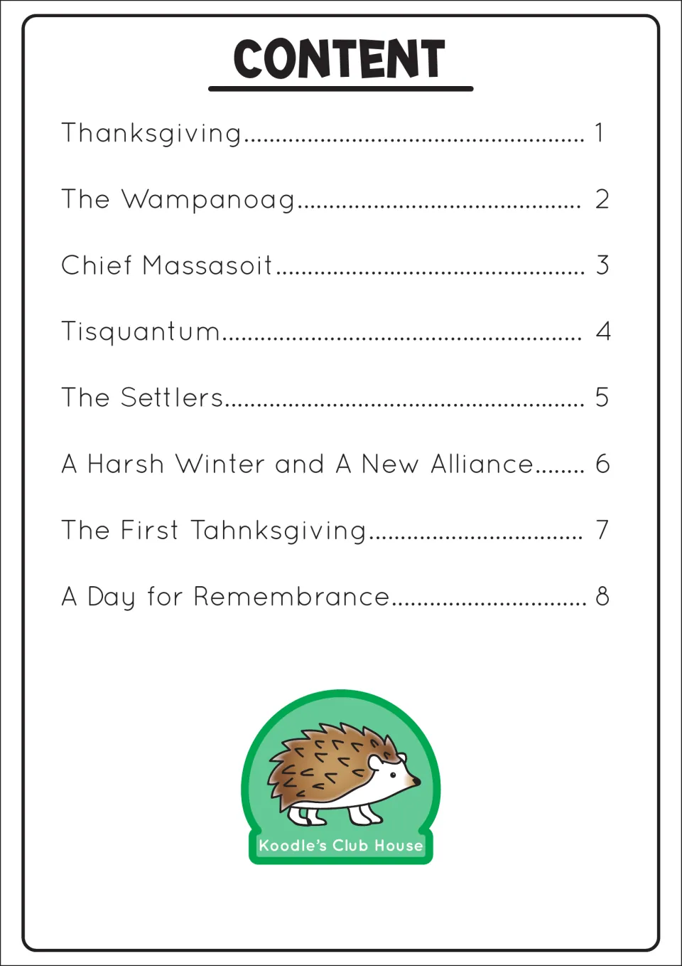 Booklet contents listing eight chapters, from The Wampanoag and Tisquantum to A Day for Remembrance