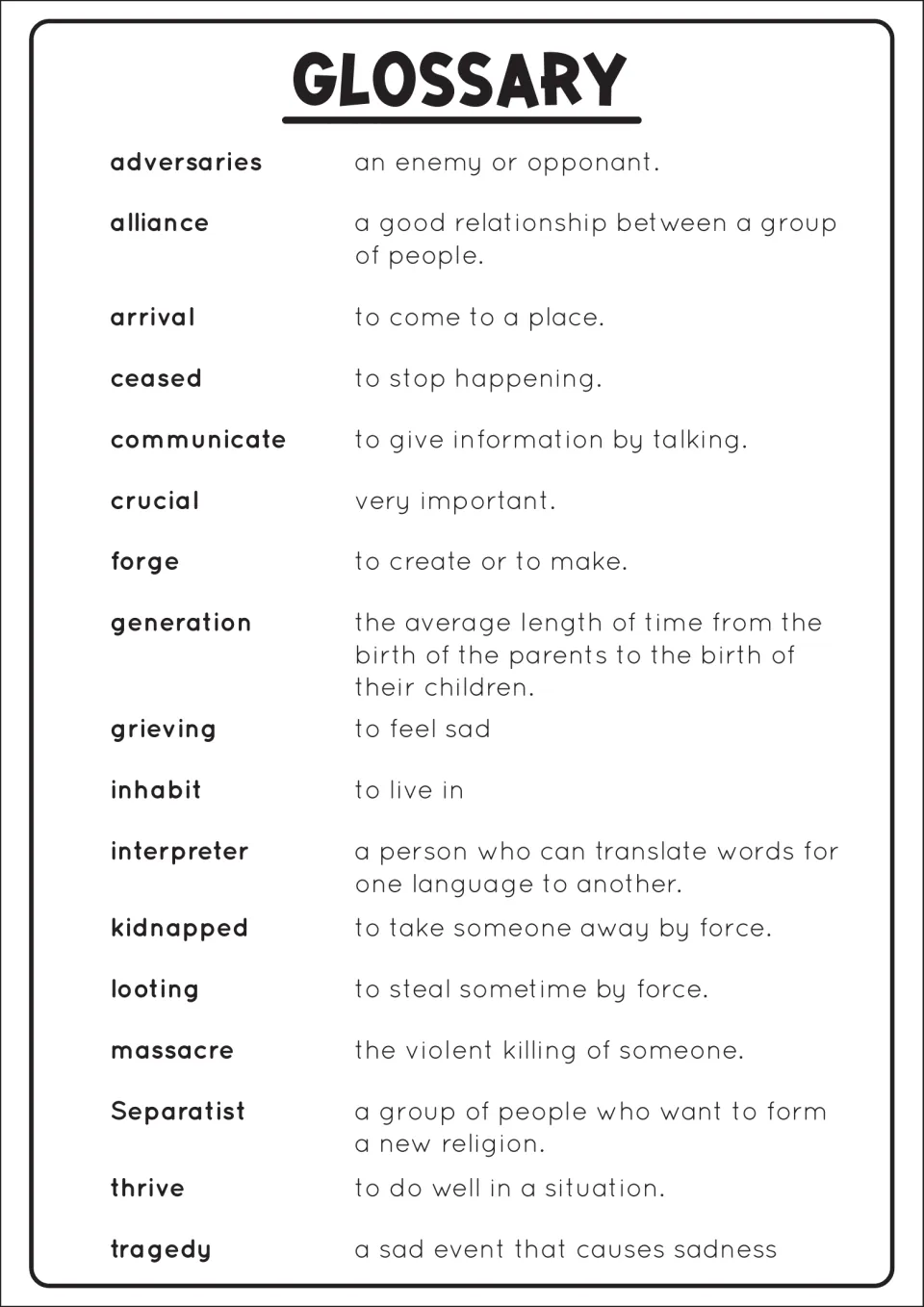 Glossary of 17 vocabulary words, such as alliance, interpreter, Separatist and thrive, each with a short definition