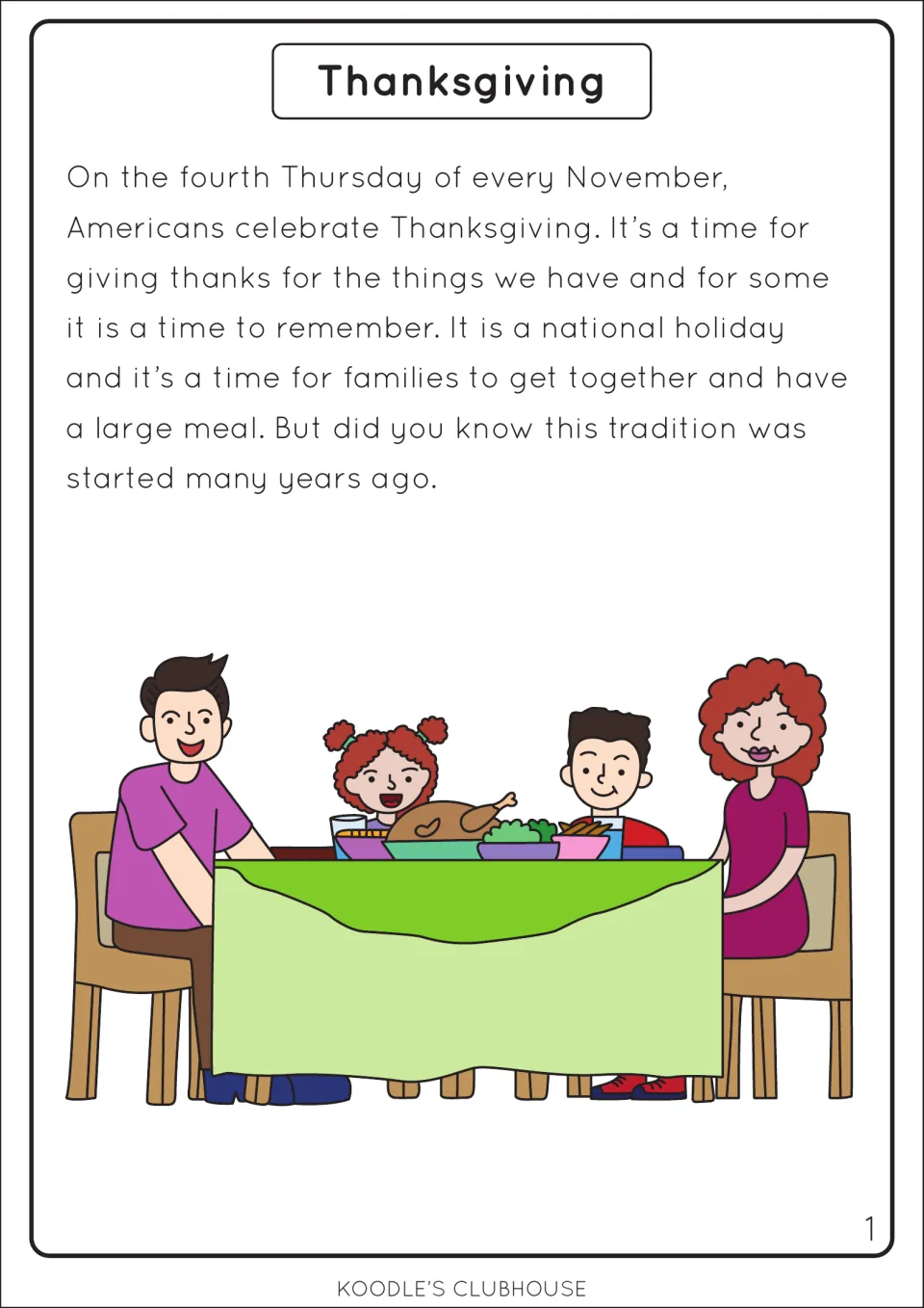 Opening passage on Thanksgiving as a November holiday of thanks and family meals, beside a family turkey dinner