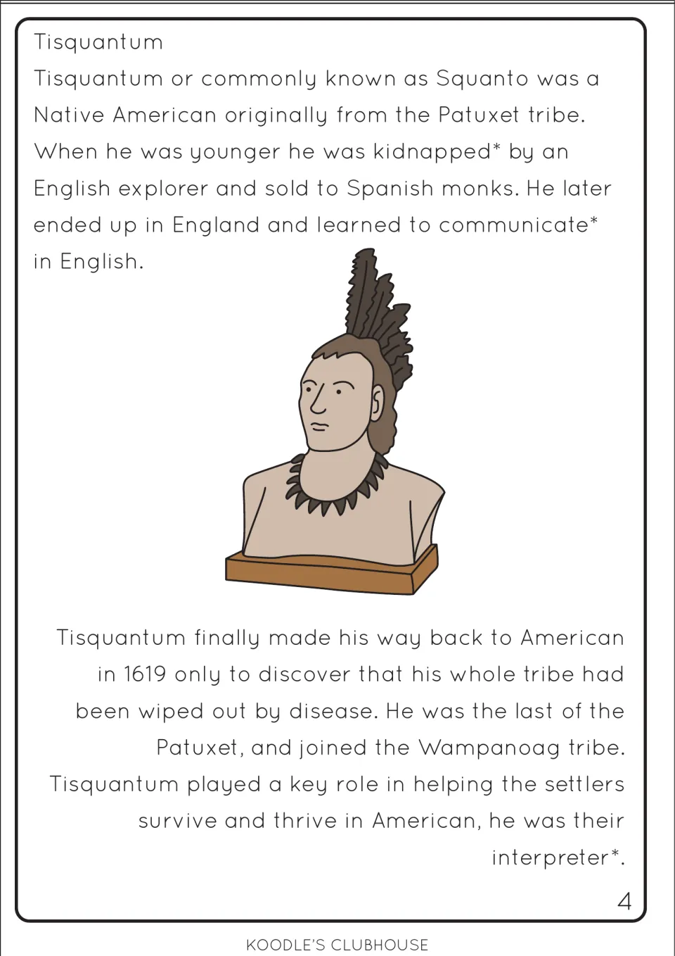 Tisquantum reading passage: Squanto's kidnapping, learning English in England and role as the settlers' interpreter