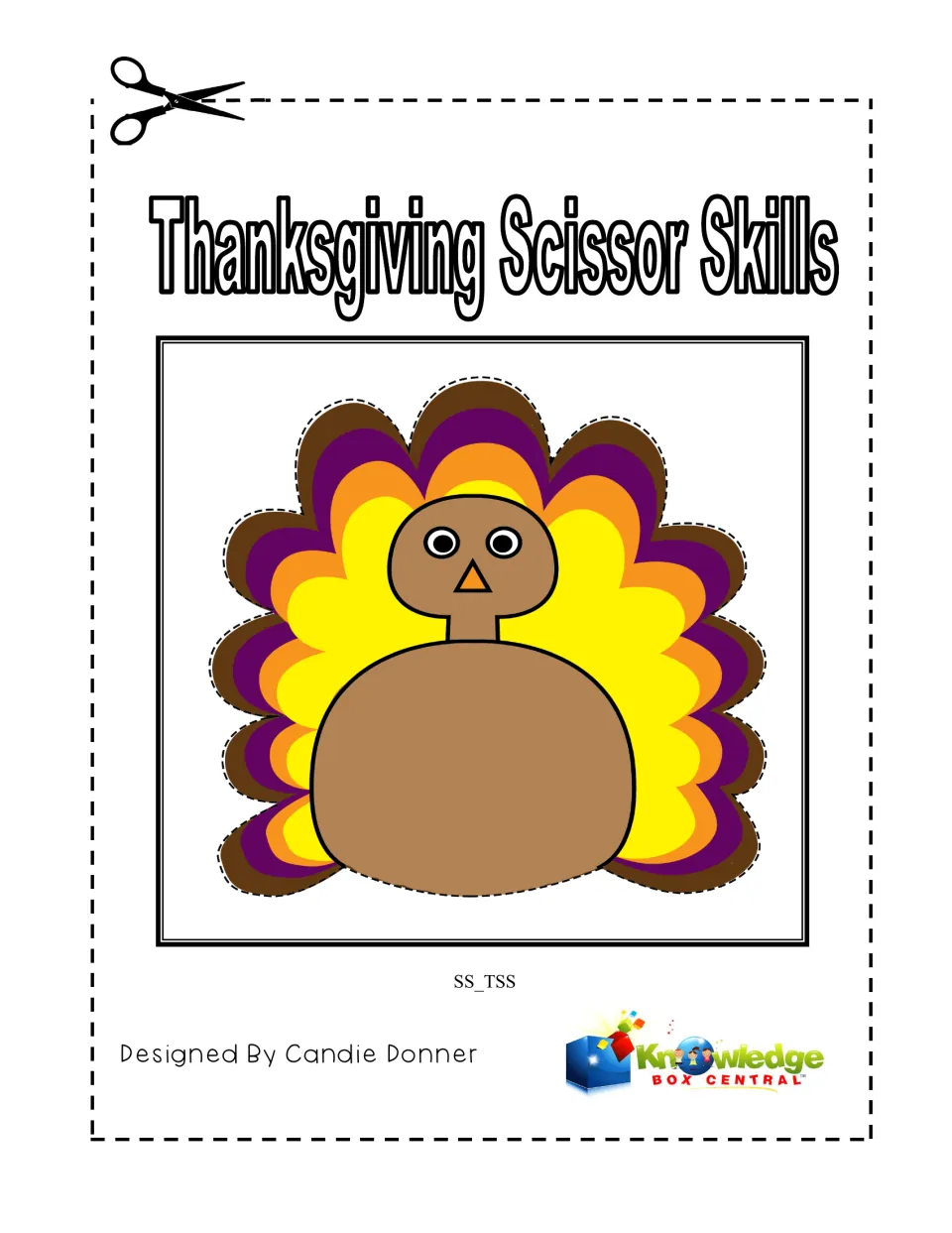 Thanksgiving Scissor Skills cover showing a turkey with a dotted cut line, by Candie Donner, Knowledge Box Central