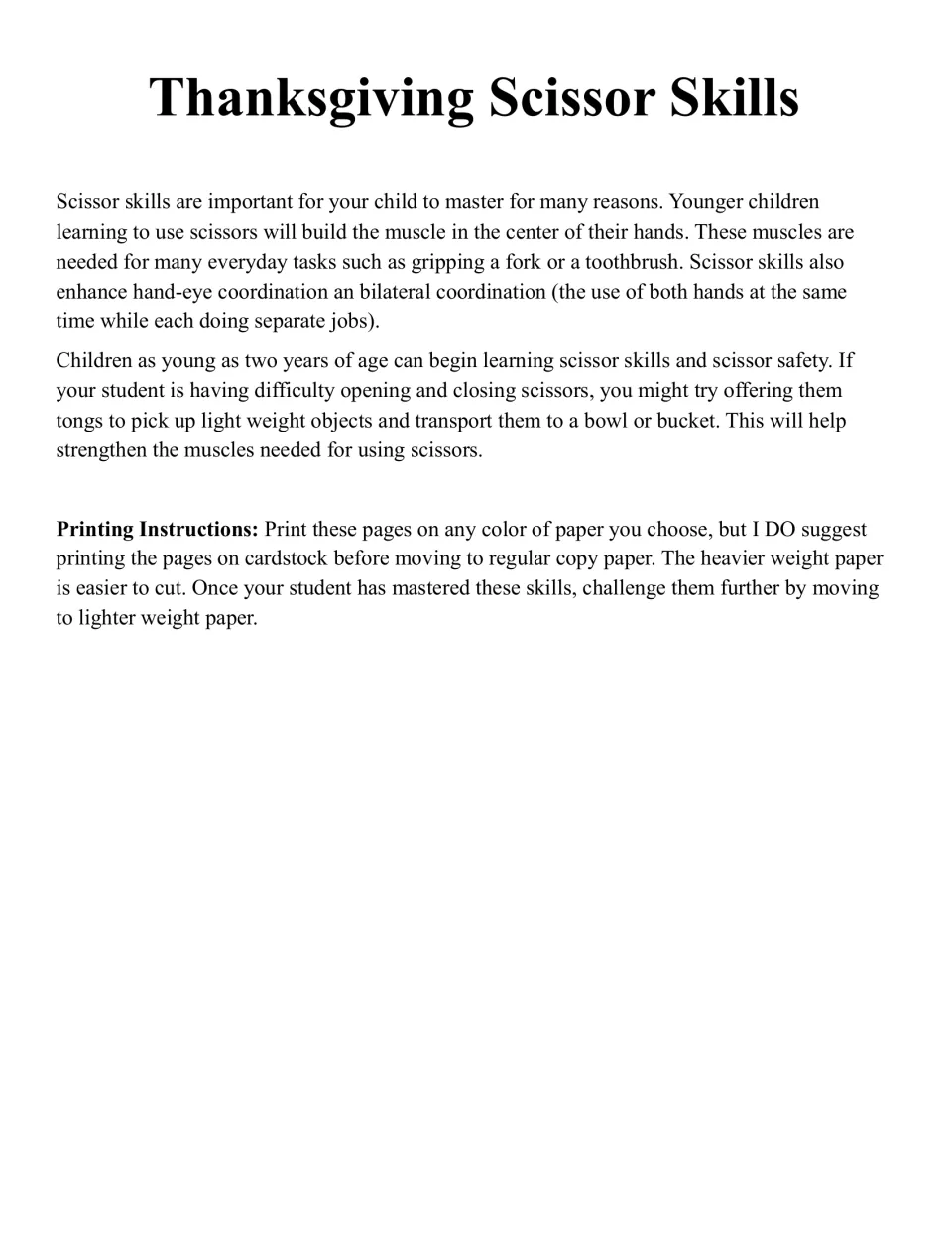 Intro on why scissor skills matter, a tongs tip for hand strength, and printing advice to start on cardstock