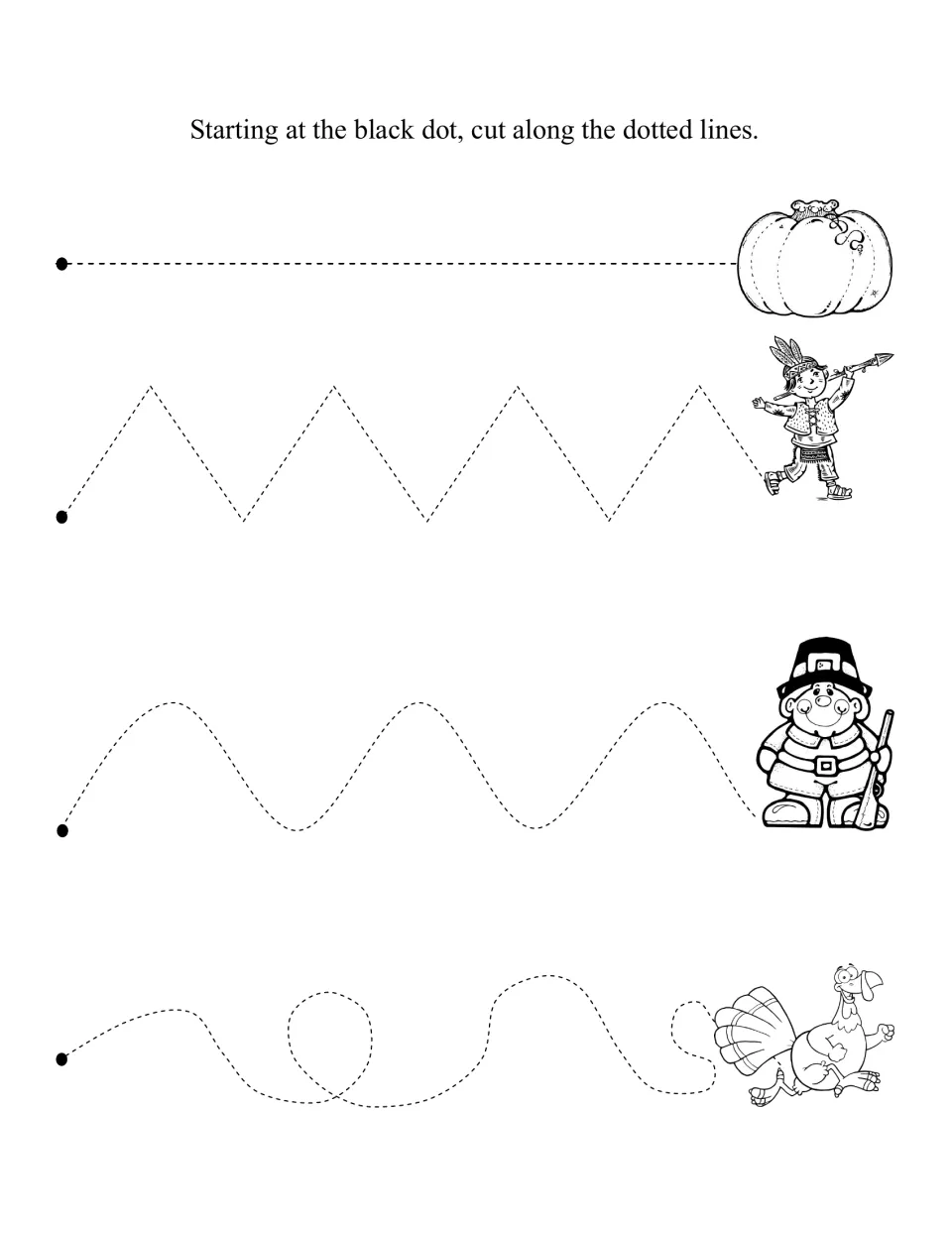 Cutting lines from a black dot: straight, zigzag, wavy and looping paths ending at Thanksgiving pictures