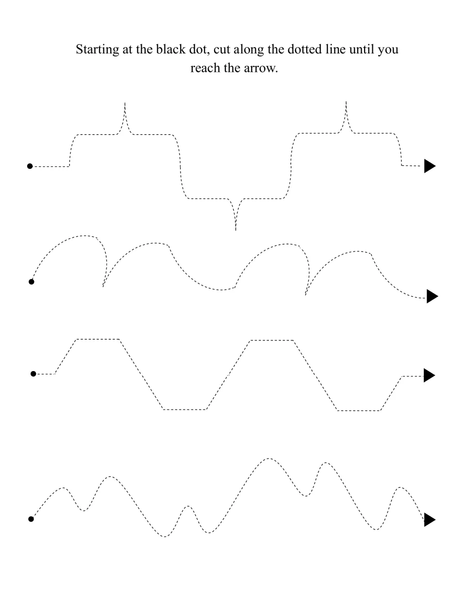Four mixed cutting paths with steps, curves, angles and peaks, each cut from the black dot to the arrow