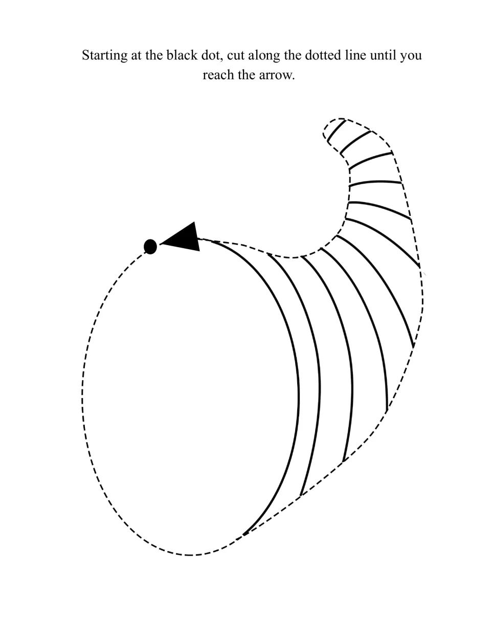 Cornucopia (horn of plenty) shape to cut out, following its curved dotted outline from the black dot to the arrow