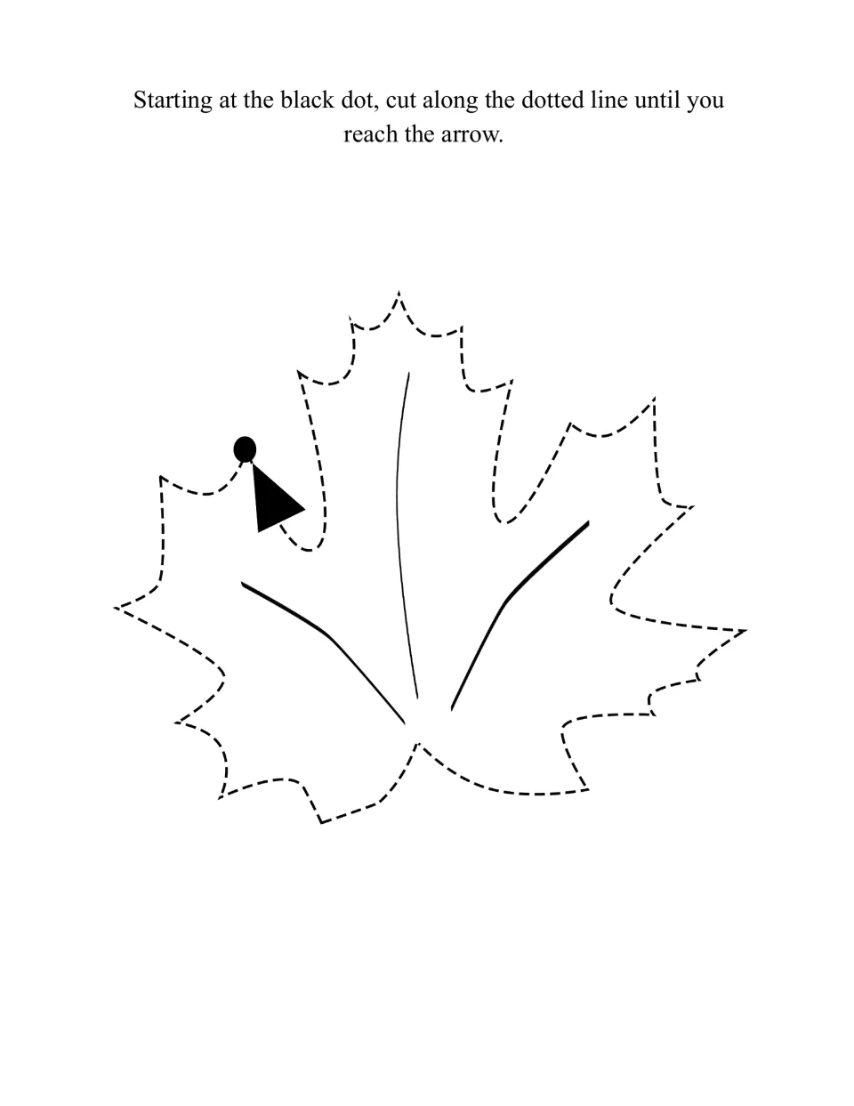 Maple leaf to cut out, following the pointed, jagged dotted outline from the black dot to the arrow