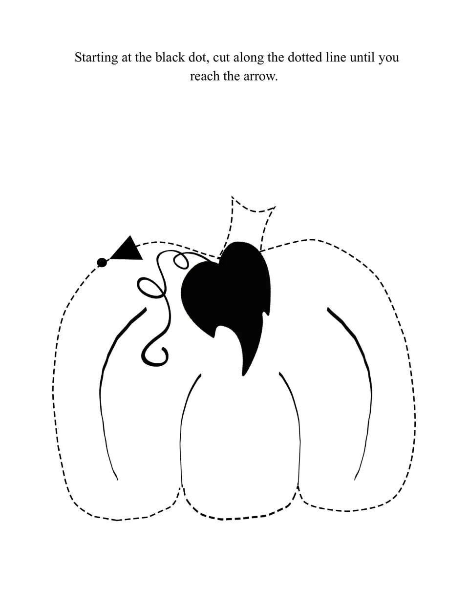 Pumpkin with a stem, leaf and curly vine to cut out along the dotted outline, from the black dot to the arrow