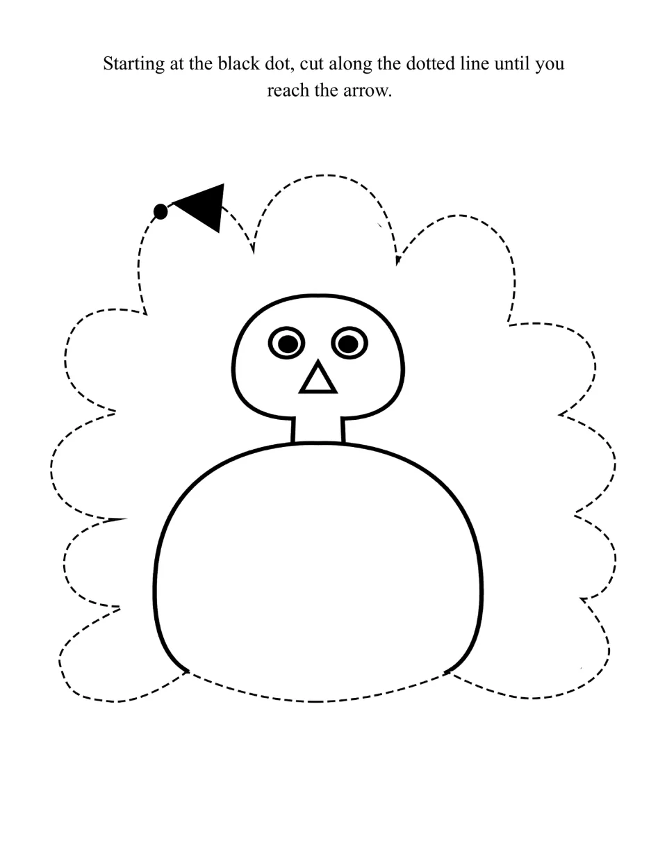 Turkey to cut out around its tail feathers, the same turkey shown on the cover, from the black dot to the arrow