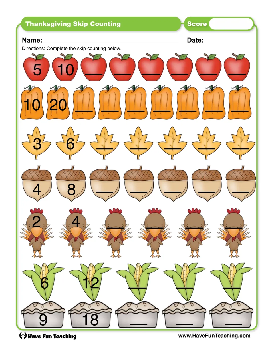 Thanksgiving skip-counting practice: complete seven sequences counting by 5, 10, 3, 4, 2, 6, and 9.