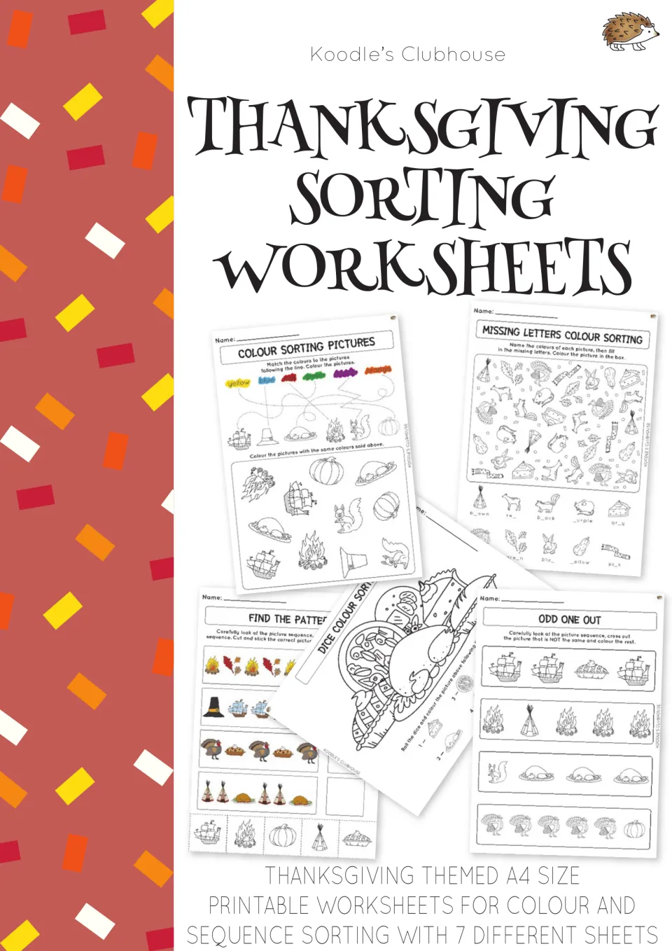 Cover of the Thanksgiving sorting set showing samples of color, odd-one-out, and picture pattern activities
