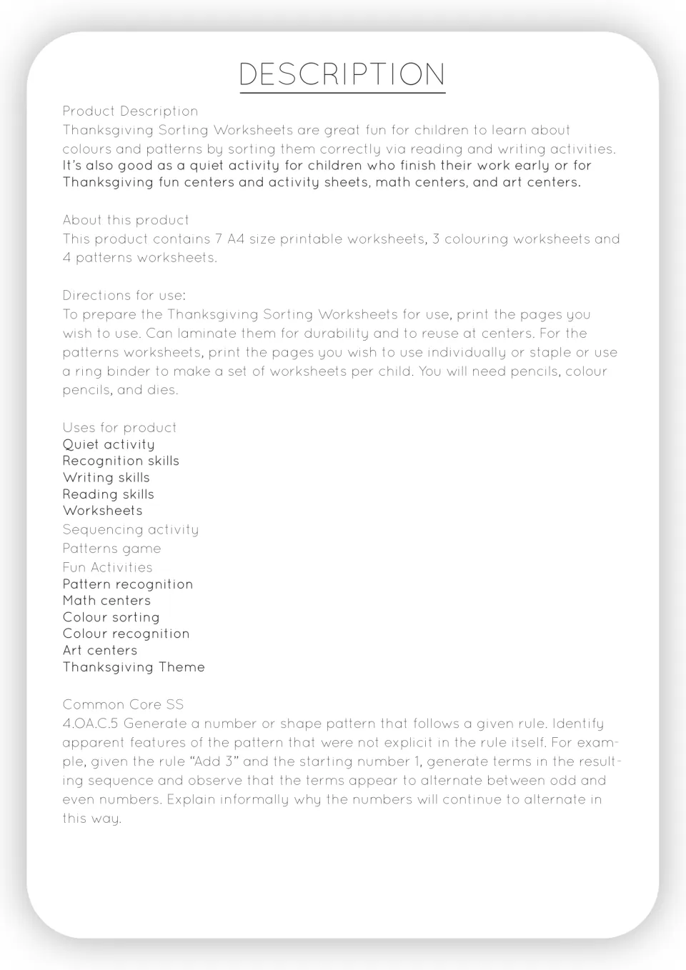 Teacher overview lists three coloring sheets and four pattern sheets, preparation directions, and uses