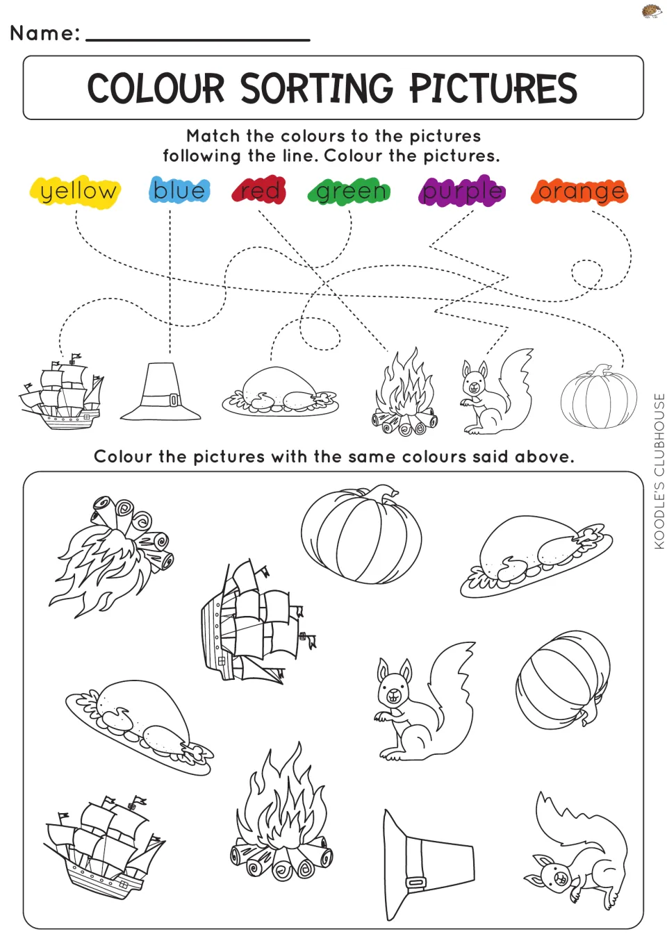 Color sorting activity matches six color words to pictures, then asks children to color repeated pictures