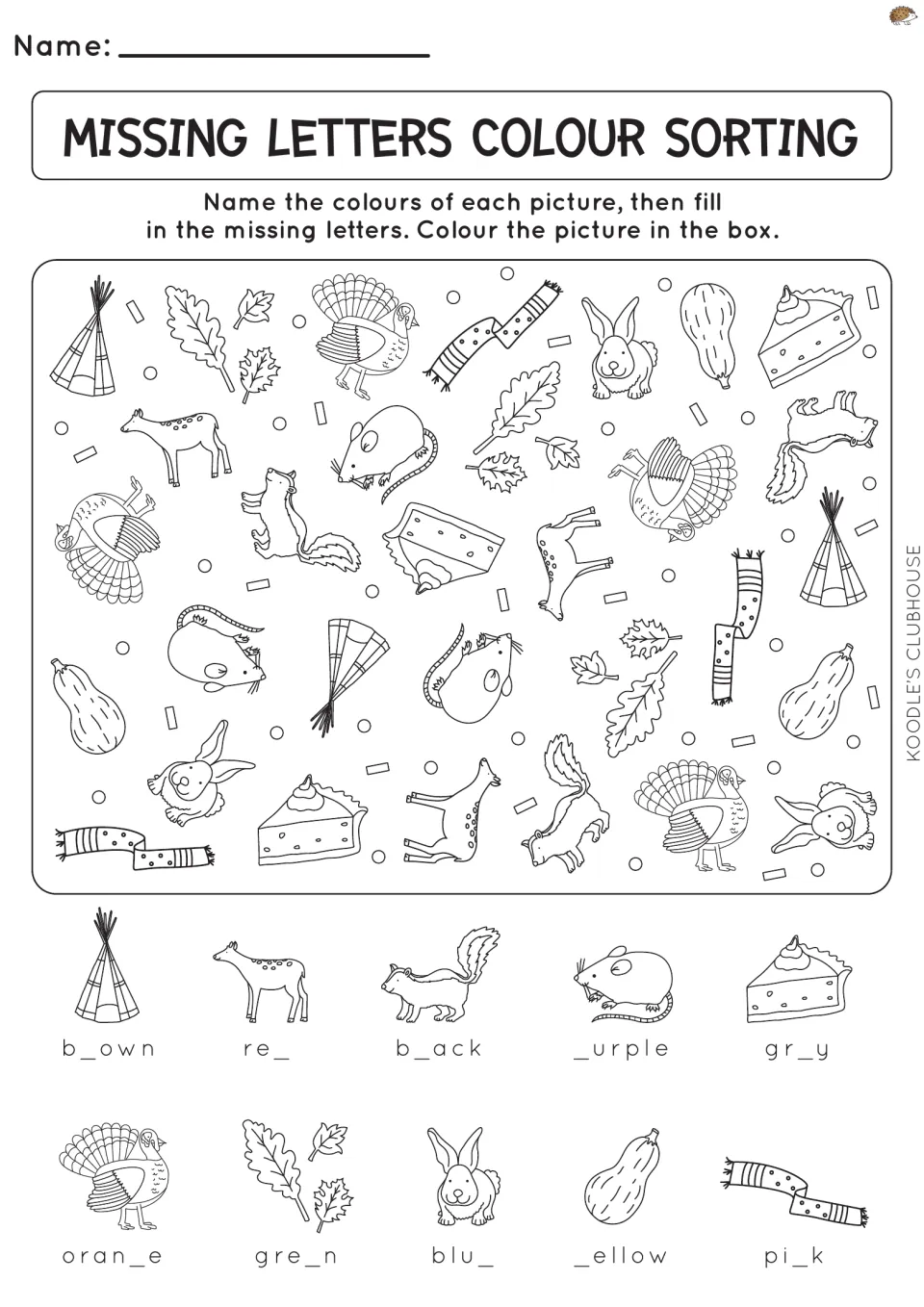 Missing-letter color activity asks children to complete ten color words and color the matching pictures