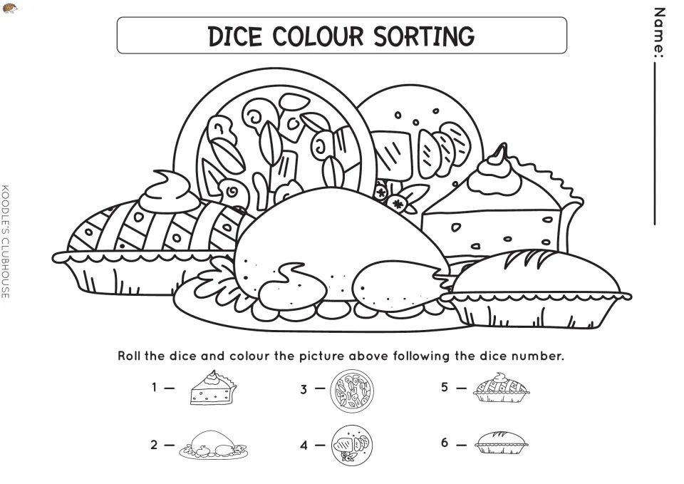 Dice color activity uses numbers 1–6 to select foods to color in a Thanksgiving meal, including turkey and pies