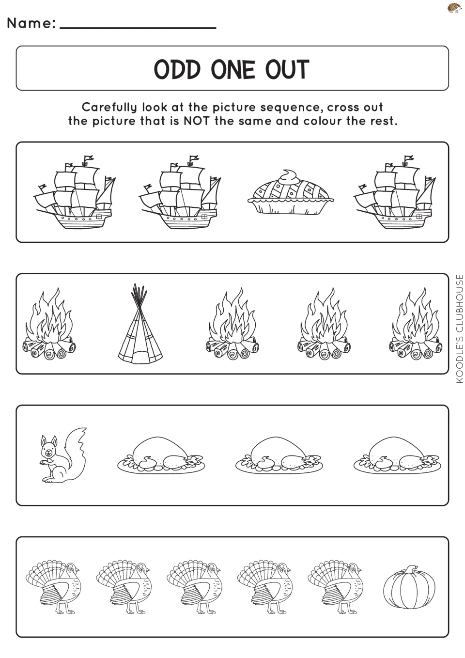 First odd-one-out activity asks children to cross out a different picture in four groups and color the rest