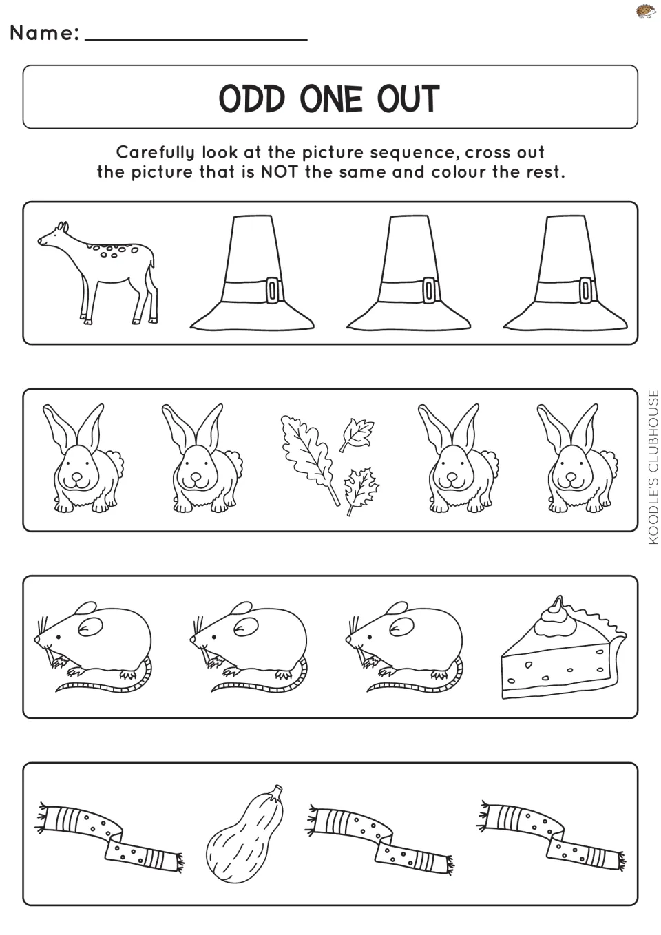 Second odd-one-out activity uses four groups of hats, rabbits, mice, and scarves to find different pictures
