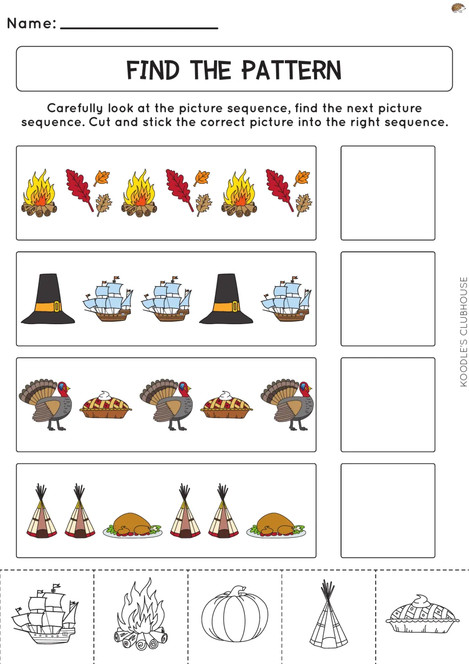 First cut-and-paste pattern activity has four sequences using fires, leaves, hats, ships, turkeys, and more