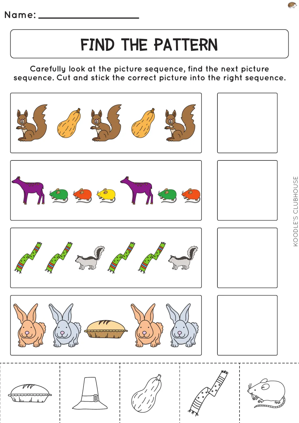 Second cut-and-paste pattern activity has four sequences using squirrels, squash, mice, scarves, and more