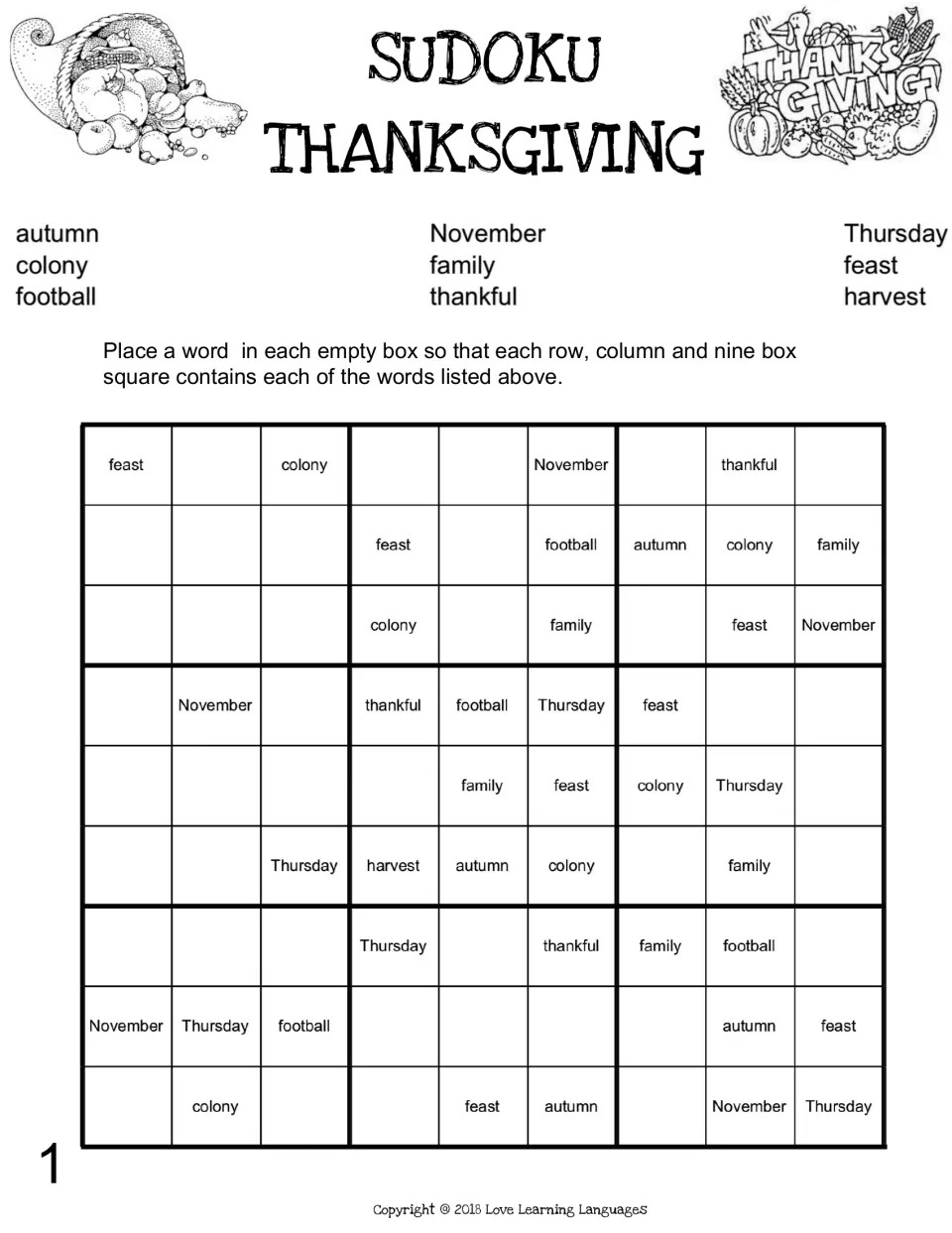 Thanksgiving word sudoku puzzle 1 uses autumn, colony, football, November and five more seasonal words.