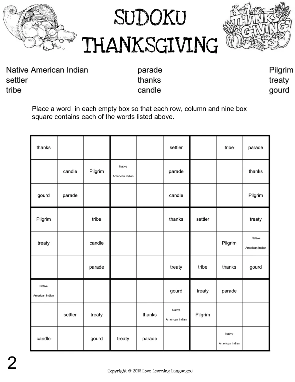Thanksgiving word sudoku puzzle 2 uses Native American Indian, settler, tribe, parade and five more terms.