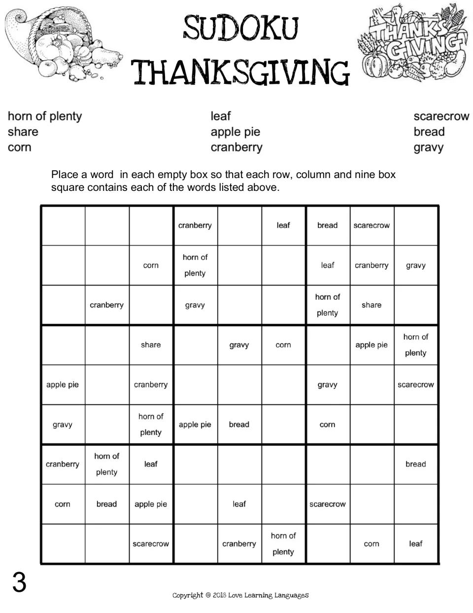 Thanksgiving word sudoku puzzle 3 uses horn of plenty, share, corn, leaf and five more seasonal terms.