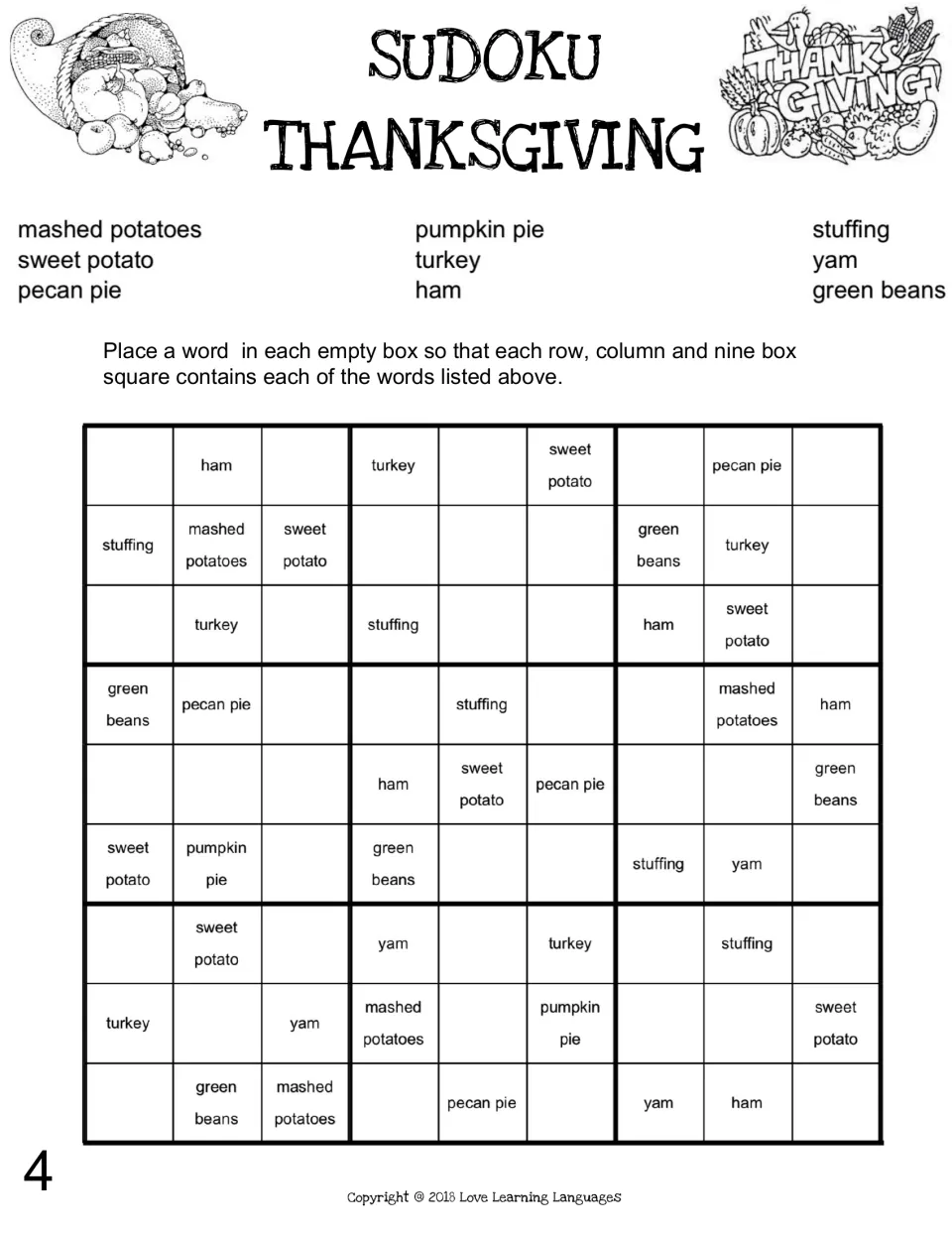 Thanksgiving word sudoku puzzle 4 uses mashed potatoes, sweet potato, pecan pie and six more food terms.