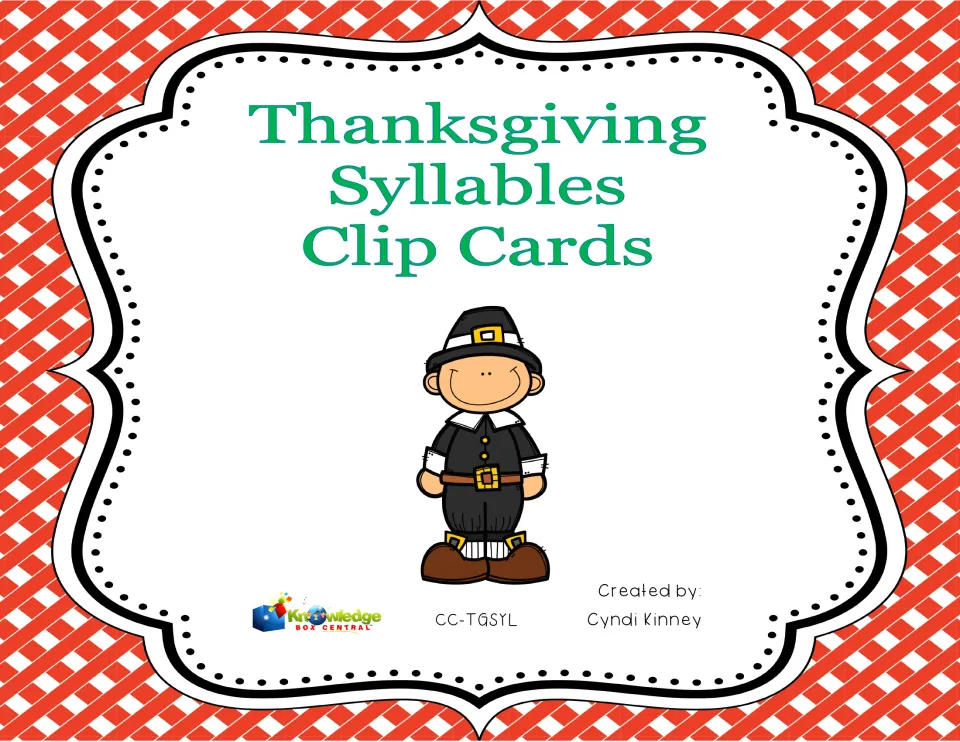 Cover of Thanksgiving Syllables Clip Cards, identifying the resource and naming creator Cyndi Kinney