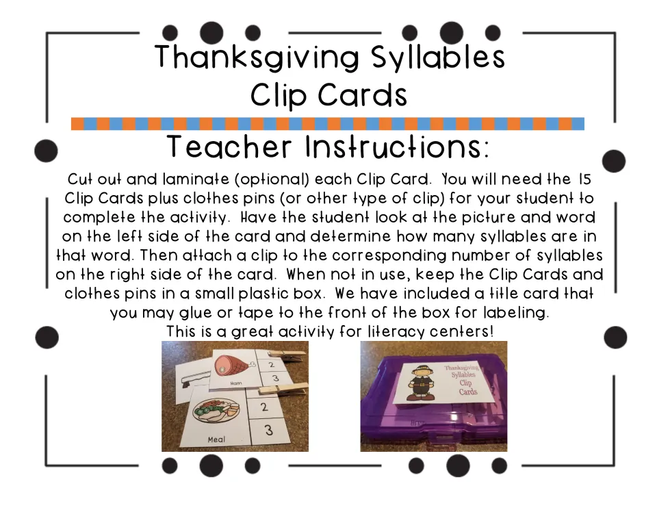 Teacher instructions for preparing 15 syllable clip cards, using clothespins, and labeling a storage box