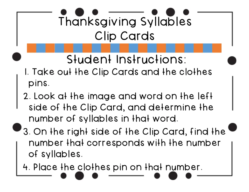 Student instructions: look at each card's image and word, count syllables, and clip the matching number