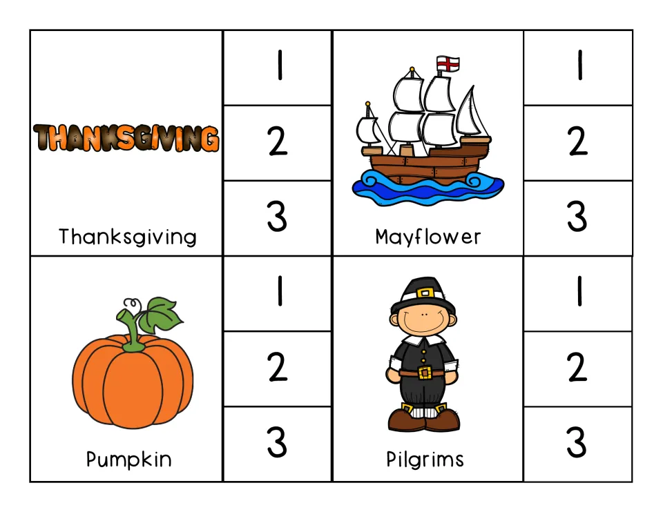 Syllable clip cards for Thanksgiving, Mayflower, Pumpkin, and Pilgrims, each with choices 1, 2, and 3